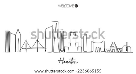 One continuous line drawing of Houston skyline with Welcome to Houston copy. Famous tourism destination in USA. Simple hand drawn style design for travel and tourism promotion campaign
