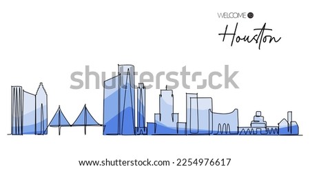 One continuous line drawing of Houston skyline in monochromatic blue. Famous tourism destination in USA. Simple hand drawn style design for travel and tourism promotion campaign