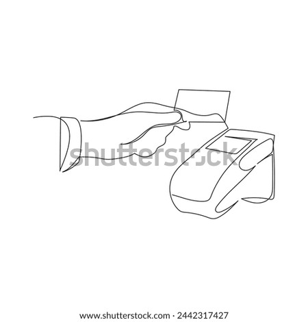 Contactless bank card, credit card in payment terminal machine one line art. Continuous line drawing of bank, money, finance, financial, payment, data, savings, economic, wealth, credit