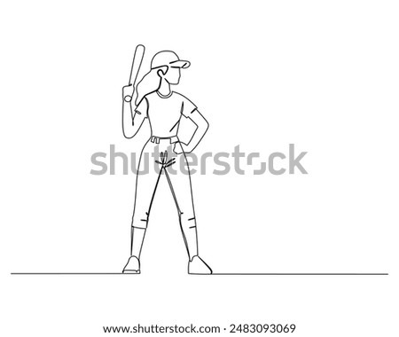 continuous line drawing of a young active female baseball player standing and hold a bat and ready to hit a ball.