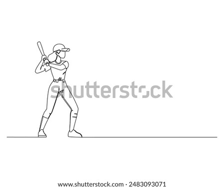 continuous line drawing of a young active female baseball player standing and hold a bat and ready to hit a ball.