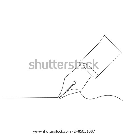 simple line drawing of a fountain pen. The nib of the pen is touching a piece of paper, suggesting the act of writing. The pen is positioned at an angle, indicating the beginning of writing