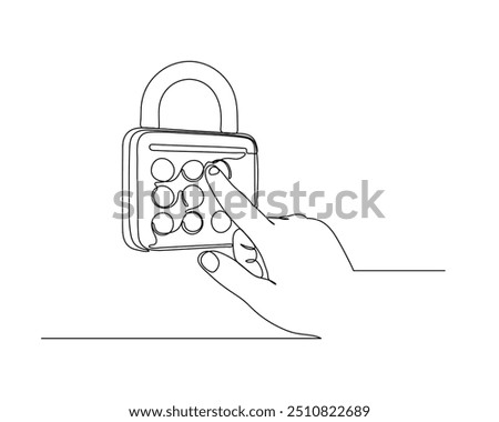 continuous line drawing of a hand interacting with a padlock with a circular interface and several buttons. The thumb is pressing one of the buttons on the lock. Minimalist technology illustration