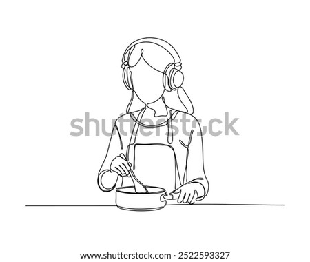 Continuous line drawing of a young woman wearing headphones and an apron, stirring a bowl, symbolizing multitasking in cooking and enjoying music.