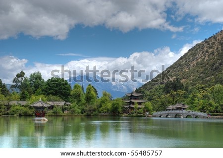 View of the Dragon Jade Mountain from the Black Dragon Lake. Yunnan Province