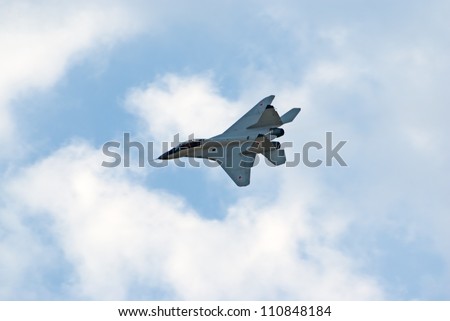 ZHUKOVSKY, RUSSIA - AUGUST 12: MiG-29 fighter jet flies during the celebration of the centenary of Russian Air Force on August 12, 2012 in Zhukovsky, Russia