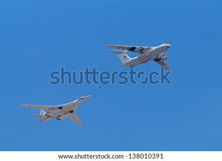 MOSCOW - MAY 09:  Il-78 air tanker and Tu-160 strategic bomber imitate mid-air refueling during the parade in honor of WWII Victory on May 09, 2013 in Moscow, Russia