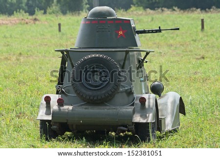 DUBOSEKOVO, RUSSIA - JULY 13: BA-20 armored car runs during Field of Battle military history festival on July 13, 2013 in Dubosekovo, Russia