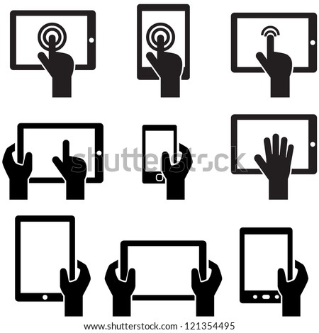Icon set tablets and gadgets with touch-screen display held in hand