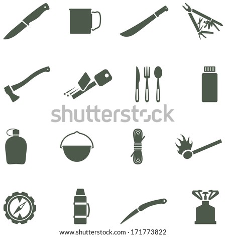 Set of vector icons with camping equipment and accessories. 