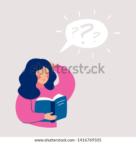 Young girl thinking about that she reading in the book and has a questions. Speech bubble above with question mark. Human character vector illustration.