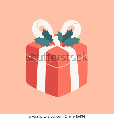 Cartoon red gift decorated with white ribbon and holly leaves. Festive surprise present for Merry Christmas and Happy New year. Vector illustration isolated from background in flat style. Holiday box