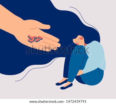 Antidepressant saving woman from depression. Apathetic sad girl sitting and hugging her knees. Concept of medication treating illness or disorder. Cartoon flat vector illustration.