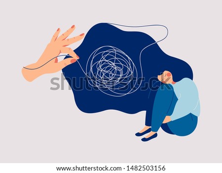 Psychotherapy and psychology help with depressive disorders. Helping hand unravels the tangle of thoughts of a woman suffering from prolonged sadness, fatigue, chronic pain, headaches or stomachaches. Photo stock © 