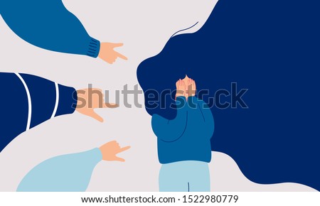 Children engage in bullying behavior towards a school girl. Depressed girl cries and covers her face with her hands. Female surrounded by the hands of her peers pointing at her. Human character vector