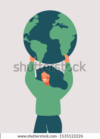 Happy woman holds the green planet Earth. Vector illustration of Earth day and saving planet. Environment conservation and energy saving concept.