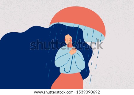 Depressed woman holds an open umbrella, which does not save her from the rain. Sad girl is in a stressful state. Colorful vector illustration in flat cartoon style 
