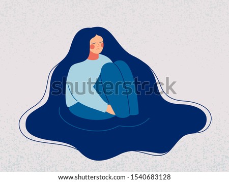 Depressed woman wallows in her sad thoughts. Upset woman sits in a puddle full of tears, her hands clasped around her ankles, immersed herself in sorrow recollections. Vector illustration