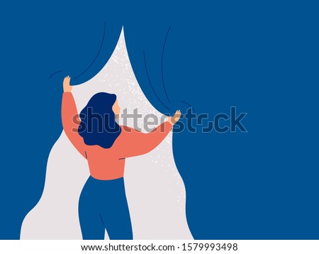 Back view of woman opens the curtain and sees the light. A girl with psychological problems looking for their solution. Mental health, vision concept, future planning.