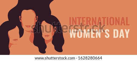 Horizontal International Women's Day card with Silhouettes of three women standing together. Women's friendship. Vector concept of the female's empowerment movement.