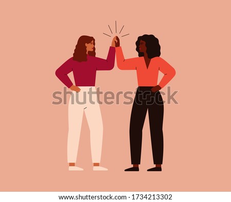 Two strong women clap hands in high five. Teamwork and successful partnership concept. Vector illustration