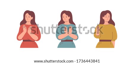 Women say NO with gestures. People express dissatisfaction and disagreement. The girl raised her hand like a stop sign. Body language and nonverbal communication. Vector illustration