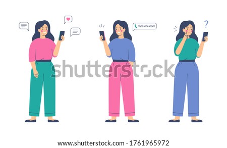 Smiling girl sends messages via smartphone. Young happy woman uses mobile phone for the call. Mobile internet communication, social media chatting, instant messaging. Vector illustration.