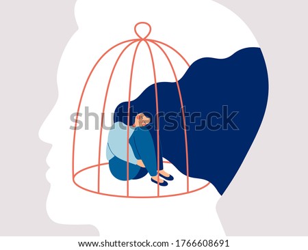 Transgender woman locked in a cage in the male head. Concept of person cross-gender behavior. Restrictions the ability of transgender in society. Vector human character illustration