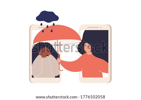 Girl comforts her sad friend over the phone. Woman supports female with psychological problems. Online therapy and counselling for people under stress and depression over online services. Vector