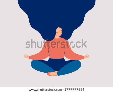 Young woman sits with cross-legged on the floor and meditates with closed eyes. Girl makes morning yoga, relaxes at home or breathing exercises. Body positive and health care concept. Vector 