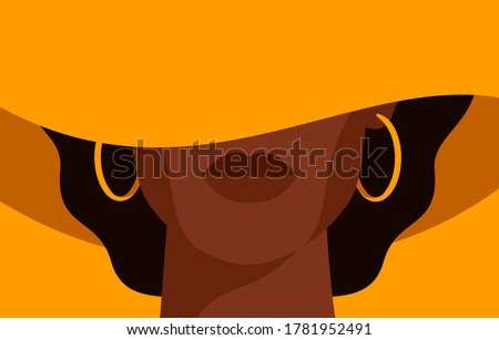 Young African American woman with black curly hair in the yellow hat with a wide brim covering her face. Black strong girl on yellow background, front view. Vector illustration