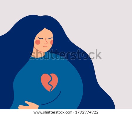 Sad woman with a broken heart. The young upset female has problems in relationship. The girl is feeling hurt. Hand drawn style vector design illustrations.