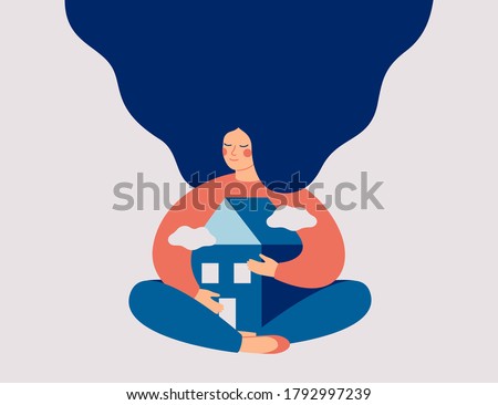Young woman with long hair embraces her home with love and care. Stay home concept. Vector illustration