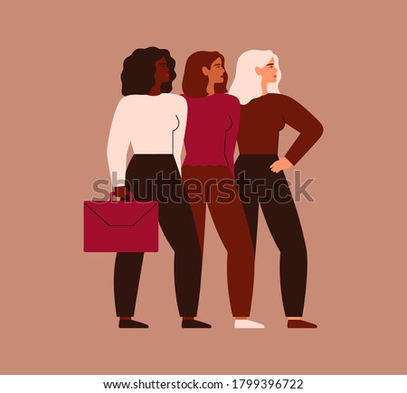 Confident businesswomen stand together. Strong females entrepreneurs support each other. Vector. Concept of equitable participation of women in politics and business.