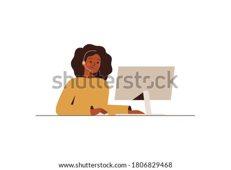 Black woman with a headset is working at the computer in the call center. African female works in the support department. Online communication, hotline. Vector illustration