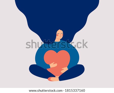Young woman embraces a big red heart with mindfulness and love. Smiling female character sits in lotos pose with closed eyes and enjoys her freedom and life. Body positive and mental health concept. 