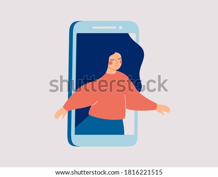 Sad female runs out of the mobile phone. Girl feels vulnerable and lonely on social online spaces. Social media influence on mental health and wellness. Vector illustration