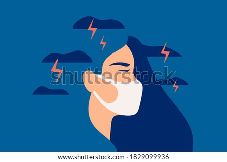 Woman in a protective mask feels anxiety and suffers from panic attacks. Girl in depression with gloomy thoughts breathing through a mask. Mental health vector concept