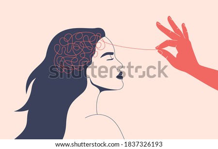 Psychotherapy or Psychology concept. Helping hand unravels the tangle of thoughts of a woman with mental disorder, anxiety and confusion mind. Vector illustration