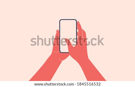 Human hands hold vertically mobile phone with blank screen. Females arm is touching smartphone display with thumb finger. Flat colorful cartoon vector illustration. 