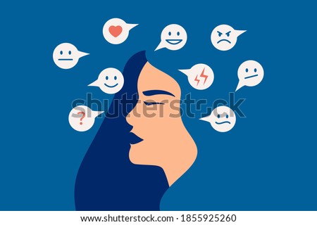 Mood swing concept. Many emotions surround young female with Bipolar disorder. Woman suffers from hormonal with a change in mood. Mental health vector illustration
