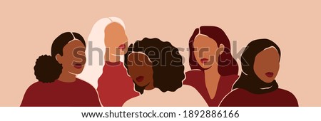 Five women of different ethnicities and cultures stand side by side together. Strong and brave girls support each other and feminist movement. Sisterhood and females friendship. Vector illustration