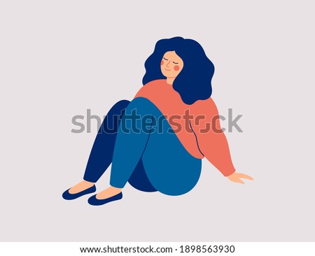 Joyful girl sits on the floor with positive mood and thoughts. 
Plus size female character enjoys her freedom and life. Body positive and self-love concept.