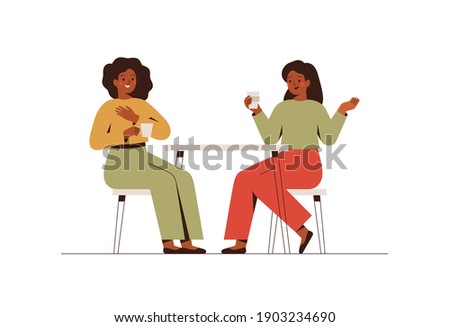 Happy female friends rest in the cafe and talk about something. Two black women spending time together at coffee break. Flat vector illustration isolated on white background