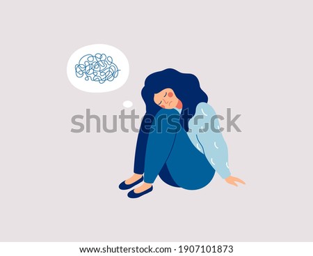 Sad girl sits on the floor with tangled thoughts. The unhappy child has confused thinking. The depressed adolescent has memory problems. Concept of mental disorder or illness. Vector illustration