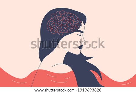 Depressed woman with flying hair stand in the choppy water. Lost girl feels frustrated and confused thinking. Concept of psychological problem, mental disease and brain illness. Vector illustration.