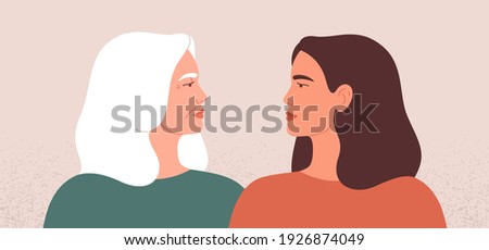 Two strong women look at each other. Side view of mature mother and her young daughter standing together. Female friendship or disagreement concept. Vector illustration. 