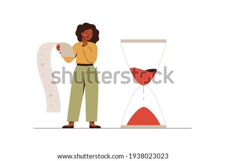 African American businesswoman looks at the hourglasses with fear and anxiety. Stressful black female has no time to do her work or project. Deadline or bad time management concept.Vector illustration