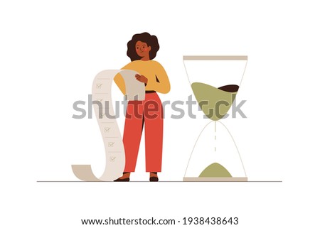 African American businesswoman looks at the done tasks list with a smile. Happy black female has done her work or project on time. Successful time management concept. Vector illustration 