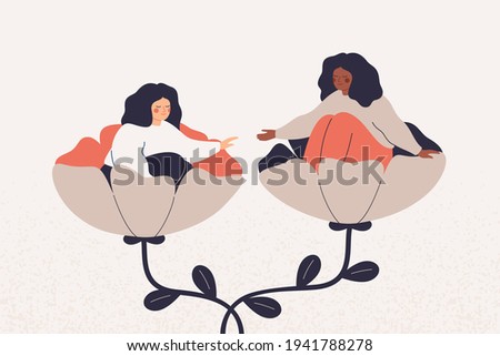Empathy and friendship concept. Girl extends a helping and supportive hand to her friend.  Black woman cares timid and indecisive female adolescent with psychological problems. Vector illustration